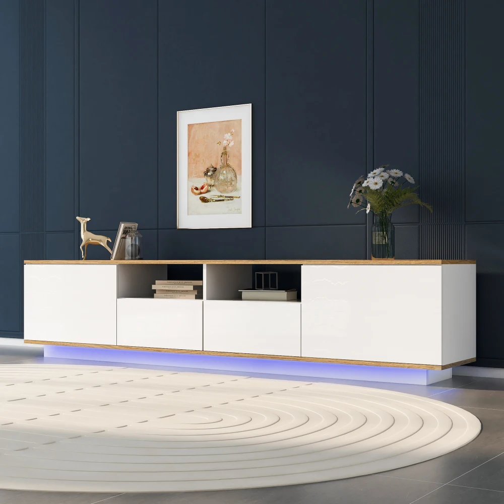 ​ ​ Console multimédia LED blanche 180 cm – Meuble TV industriel pour écrans 80