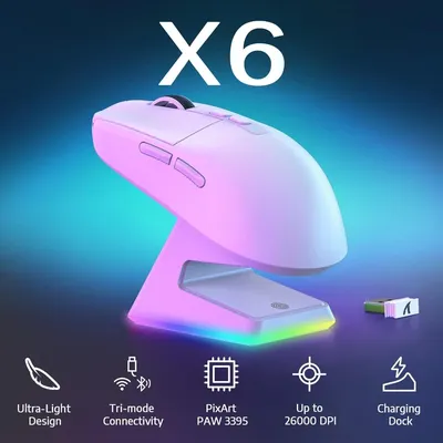 【Magnetic Charging】Attack Shark X6 Wireless Gaming Mouse 26000DPI 3395 Sensor Tri-Mode RGB Includes Charging Dock