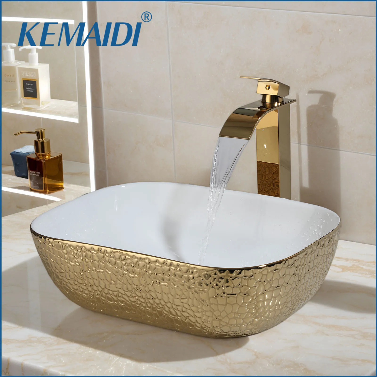 KEMAIDI Gold-weißes Keramik-Waschbecken über der Theke, Waschbecken mit Wasserhahn und Abflusskombination für modernes Badezimmer
