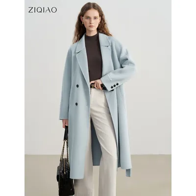ZIQIAO 2025 Winter Women's Petite Navy Blue Double-Faced Wool Blend Coat with Raglan Sleeve Short Tweed Overcoat for Petite Size
