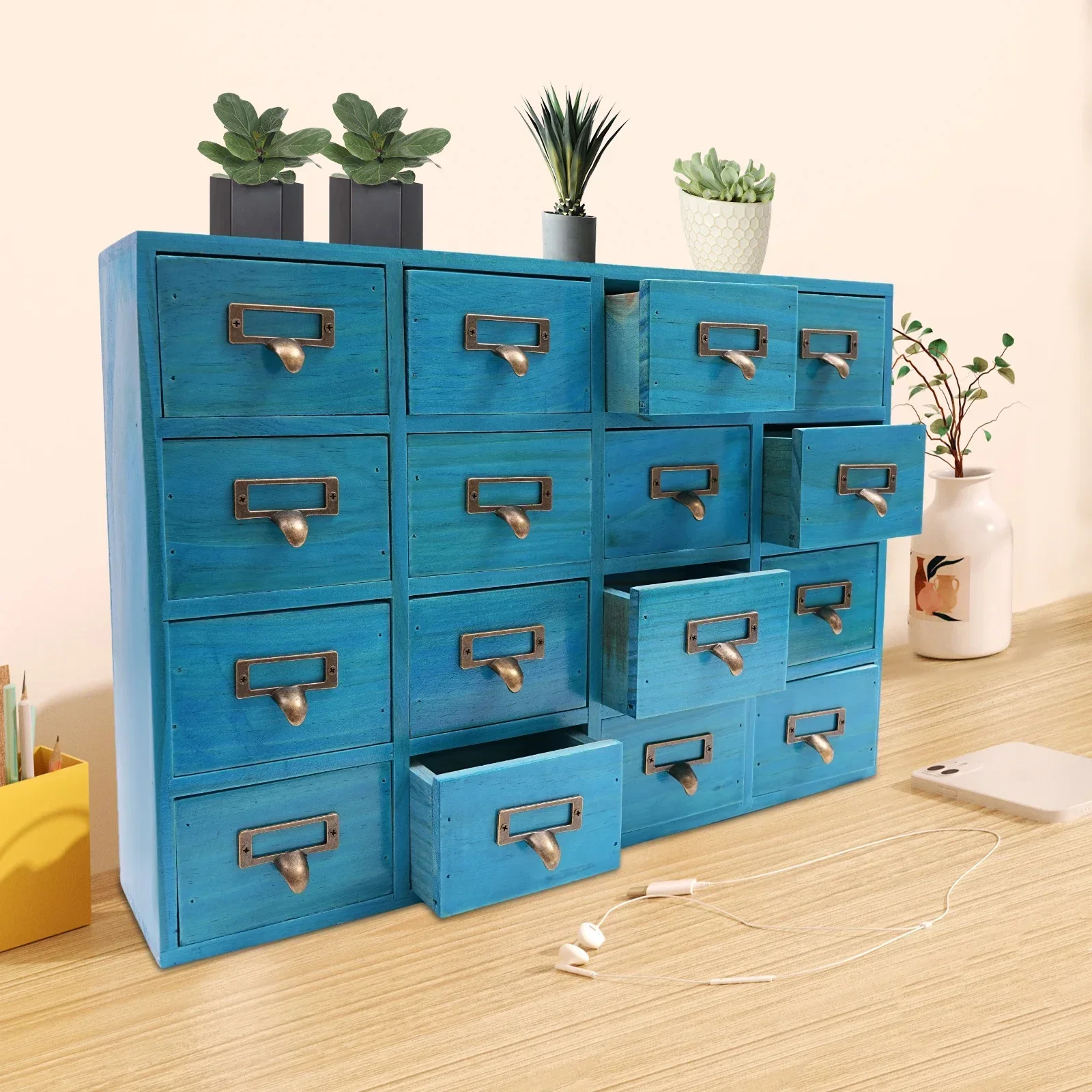 Blauer Apothekerschrank mit 16 Schubladen, Aufbewahrungstruhe aus Holz und Metall mit 16 kg Gesamtkapazität für Schmuck und Kunsthandwerk, Schreibtisch-Organizer