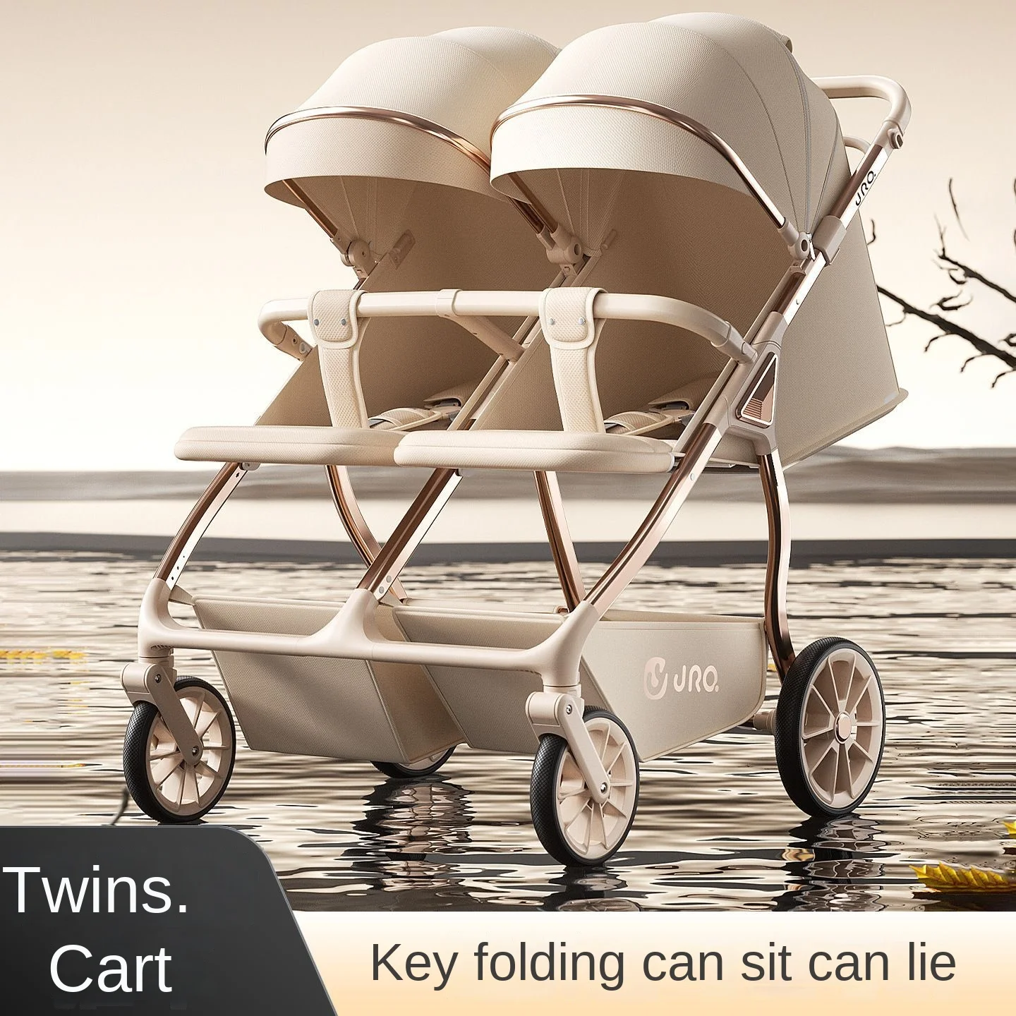 Zwillingskinderwagen kann sitzen und liegen, Rahmen aus Aluminiumlegierung, leichter und faltbarer Hochsicht-Kinderwagen für Zwillingsausflüge Image