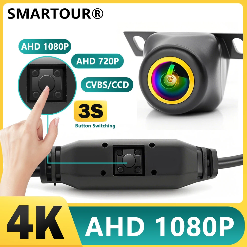 SMARTOUR 180 Grad 4 Signalmodi Tastensteuerung 1080P AHD Rückfahrkamera Goldenes Fischaugenobjektiv HD Nachtsicht für Autoradio MP5 Image