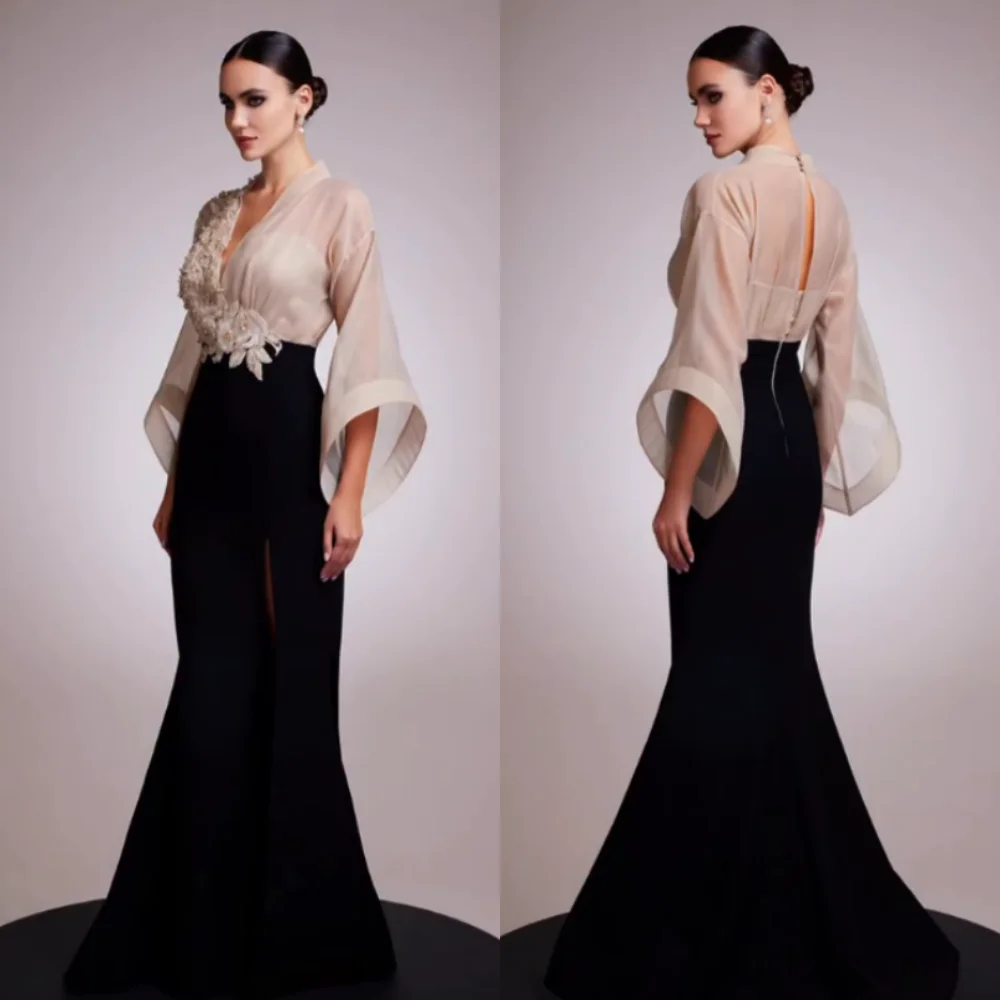 Customized Jersey Applique Flower Beading V-neck Trumpet Long Dresses Bespoke Occasion Exquisite Fashion Formal Evening