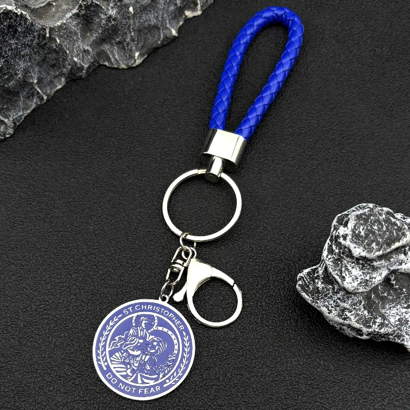 Saint Christopher Pray Us Don't Fear Anhänger Schlüsselanhänger für Damen Herren Edelstahl Blaue Farbe Amulett Leder Schlüsselanhänger Schmuck Image