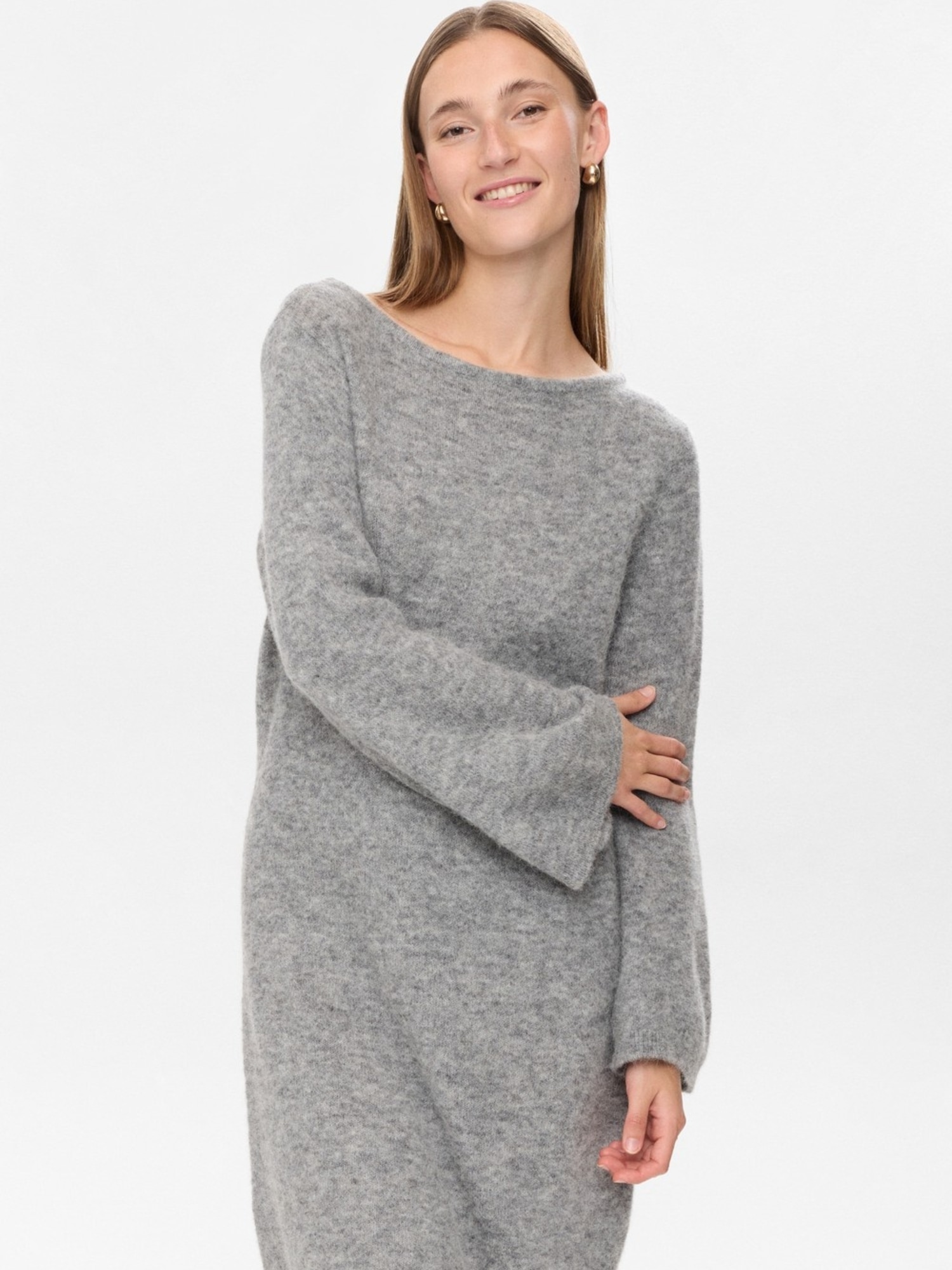 Jerseykleid NÜMPH "Nümph Dress NURIETTE", Damen, Gr. XL, Normalgrößen, medium grau mel, Obermaterial: 32% Alpaka, 32% Wolle, 30% Polyamid, 6% Elasthan, Kleider Image