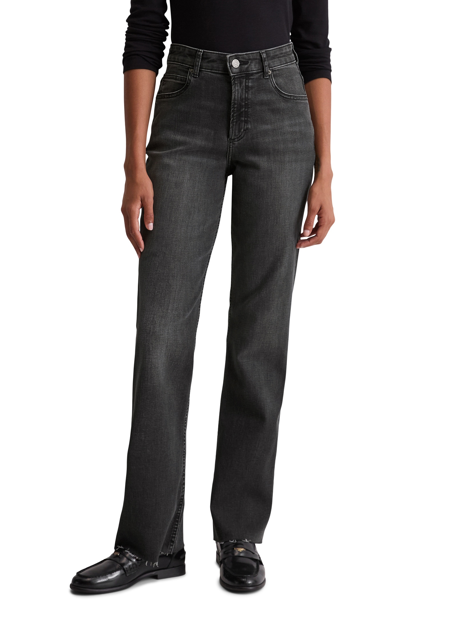 Schlagjeans MARC O'POLO "aus Organic-Cotton-Mix-Stretch", Damen, Gr. 29, Länge 32, grau (schwarz), Obermaterial: 86% Baumwolle, 12% Polyester, 2% Elasthan, unifarben, ausgestellt lang, Jeans