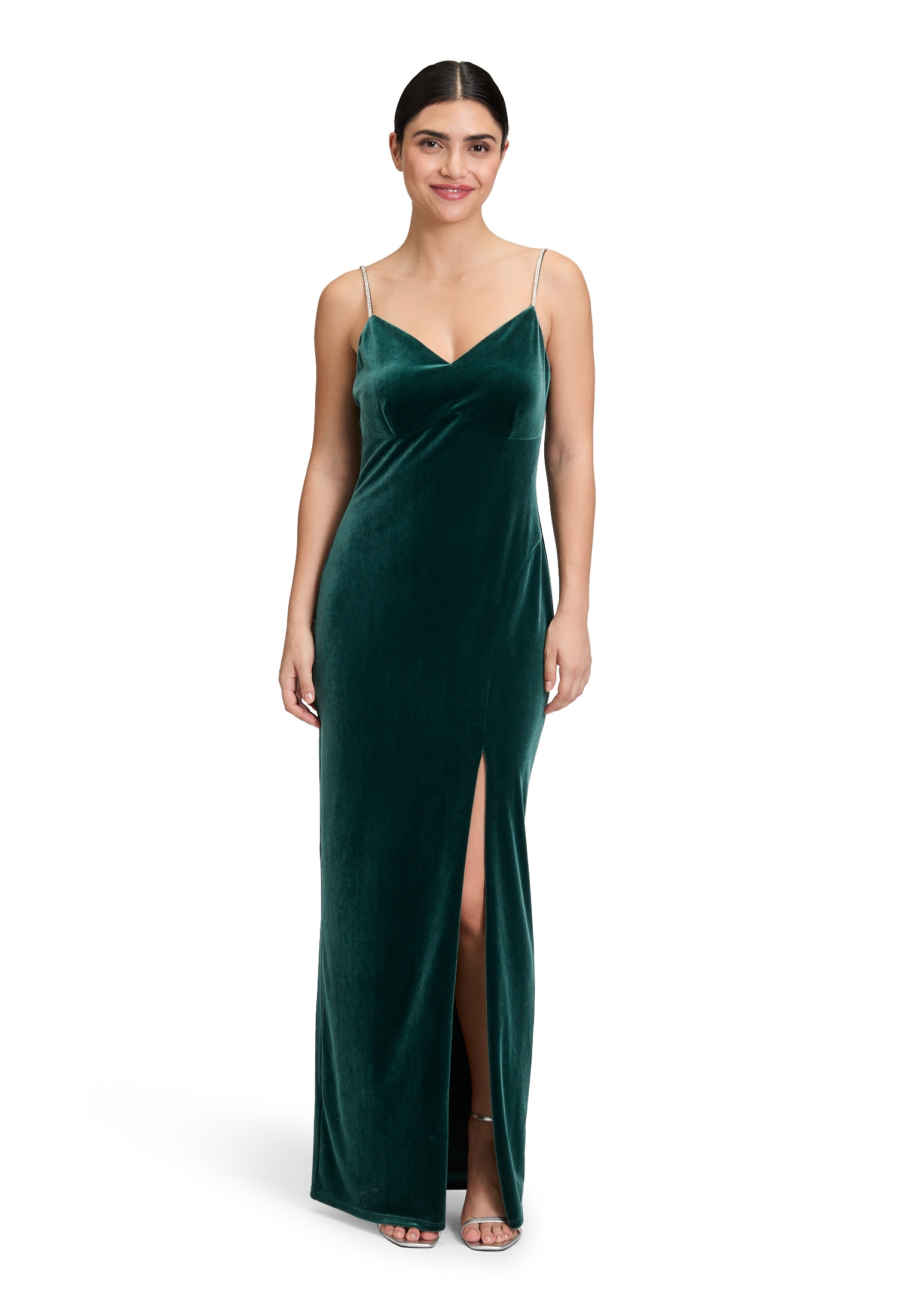 Abendkleid VERA MONT "Damen Abendkleid mit Strass", Damen, Gr. 36, Normalgrößen, grün (dusty slate), Samt, Obermaterial: 90% Polyester, 10% Elasthan. Besatz: 100% Polyester. Futter: 100% Polyester., eng lang, V-Ausschnitt, Kleider Image