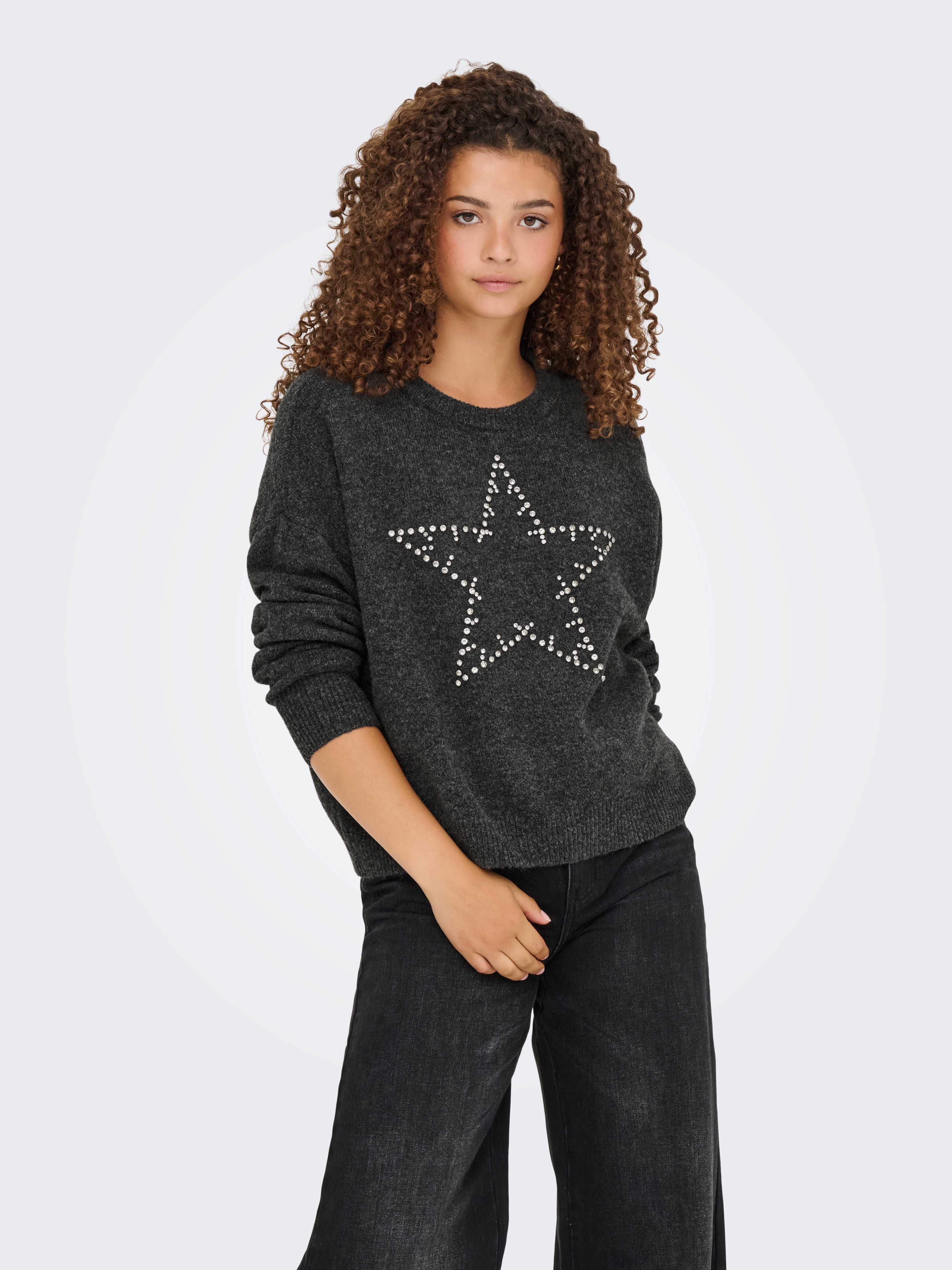 Strickpullover ONLY "ONLRENATA LS O-NECK BLING KNT", Damen, Gr. XL, silber (dunkelgrau melange detail:silber bling), Strick, Obermaterial: 93% Polyester, 4% Wolle, 3% Elasthan, meliert, regular fit, Rundhals, Rippstrickbündchen, Pullover Strickpullover