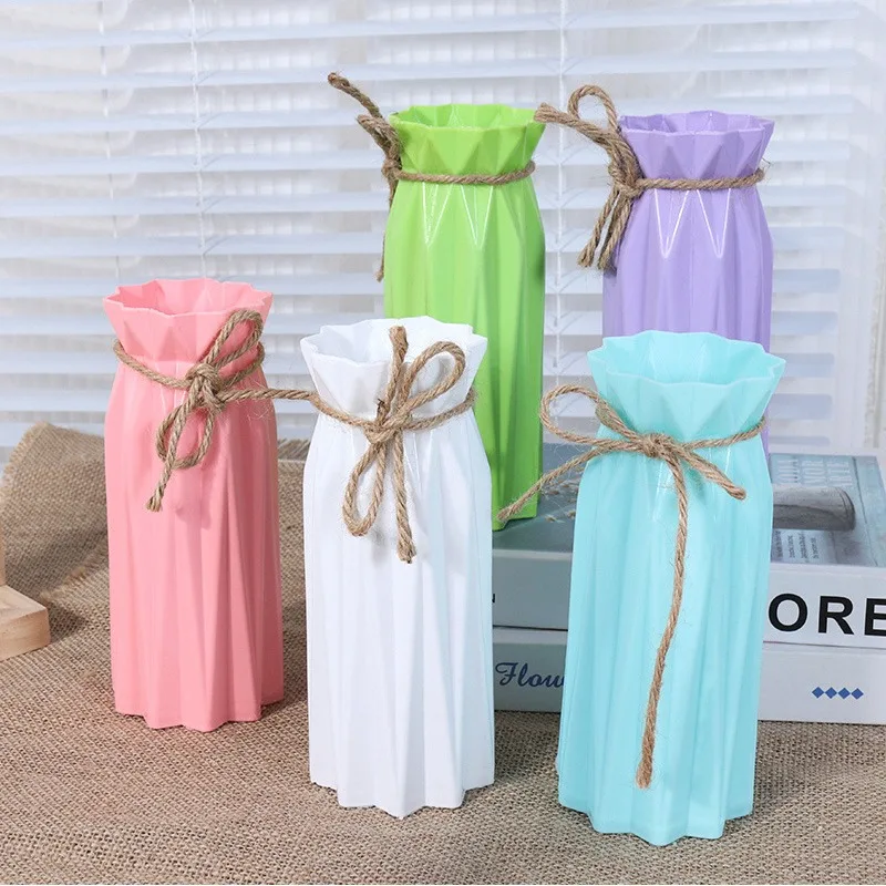 Einfache Kunststoff Nachahmung Keramik Vase Hause Dekoration Vase Dekoration Handwerk Hanf Seil Gebunden Einfarbig Blume Anordnung Vase Image