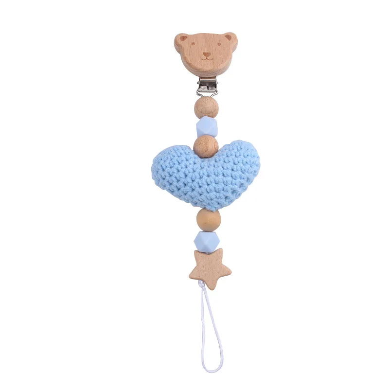 Cartoon-Eisbär-Schnullerclip – handgefertigte Beißringkette aus Wolle und Silikon für Babys, niedlicher Anti-Verlust-Nippelhalter Image