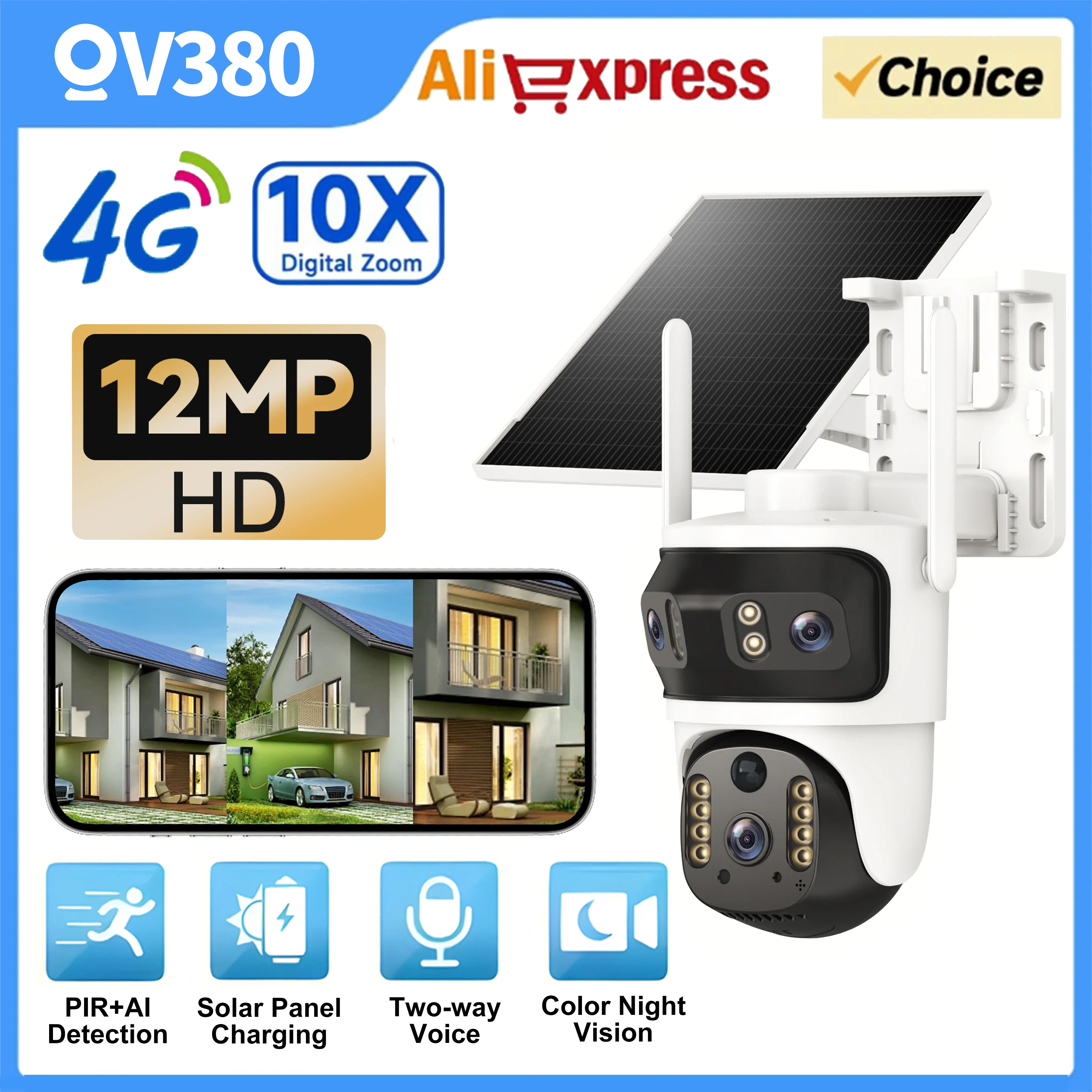 V380 Überwachungskamera, 3 Objektive, 12 MP, HD, 4G, kabellos, für den Außenbereich, automatische Verfolgung, humanoide PIR-KI-Erkennung, 10.000 mAh, PTZ-Kamera Image