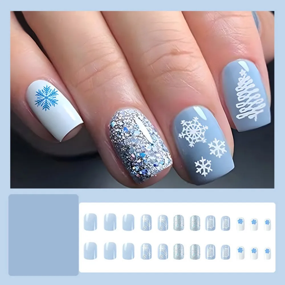 24 Teile/satz Kurze Blaue Schneeflocke Drücken Sie auf Nägel Mit Kleber Glitter Pulver Winter Weihnachten Falsche Nagel Gefälschte Nail art Maniküre Image