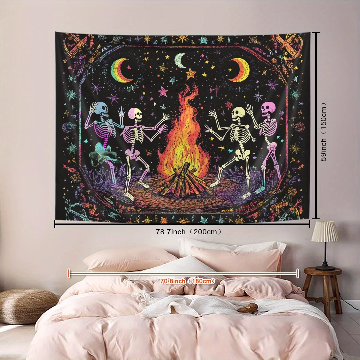 VIKAMA Halloween-Party-Wandteppich, bunter Totenkopf, Lagerfeuer, Sternenhimmel, Wohnzimmer, Partyzimmer, dunkler Stil, dekorative Kunstwand Image