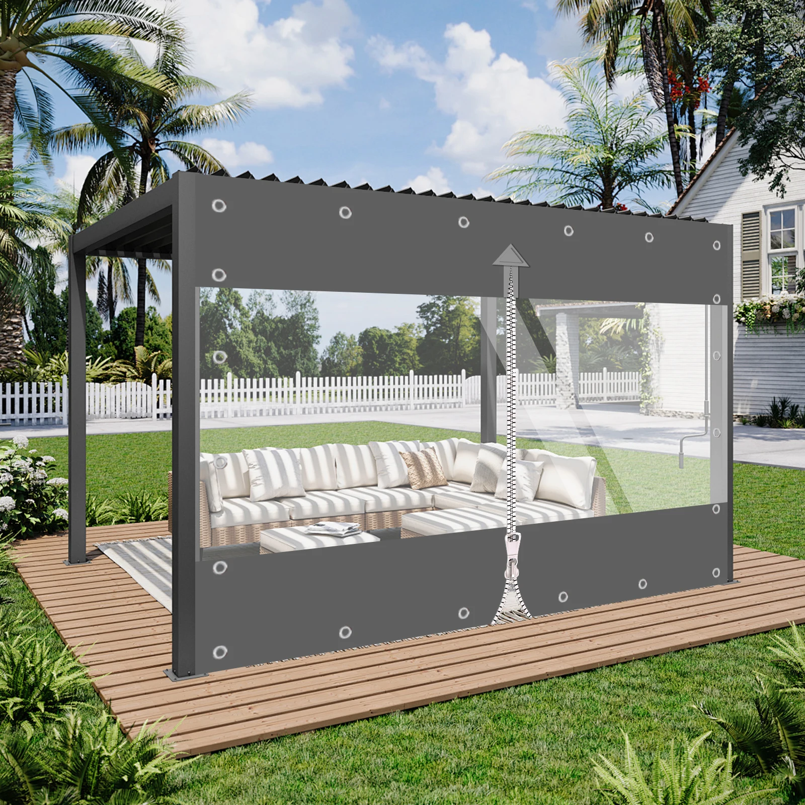 Wasserdichte, robuste Plane mit Reißverschluss, 650 g/m2, transparente Plane, wetterfester Outdoor-PVC-Vorhang für Veranda, Pergola, Garage Image