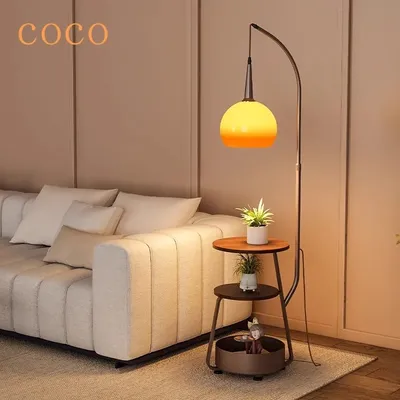 Nordic Vintage Glass Style Floor Lamp with commodity shelf Mobilephone Standing LED Light for Living Room, Sofa side Bed Beside