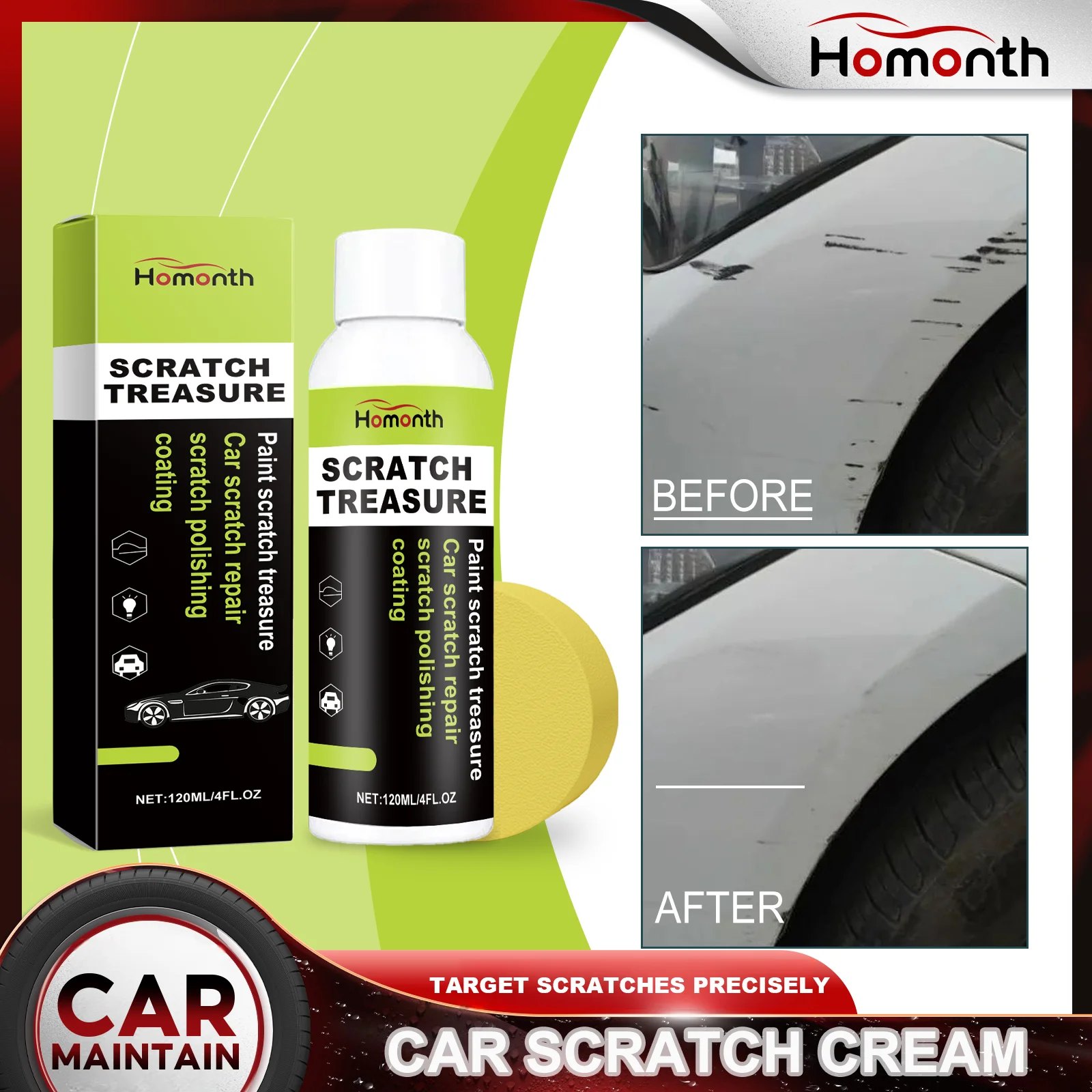 Auto-Kratzer-Entferner-Creme, Farbpolitur-Restaurator, entfernen leichte Kratzer, Oxidation, sicheres Formel-Set mit Applikator-Schwamm, 120 ml Image