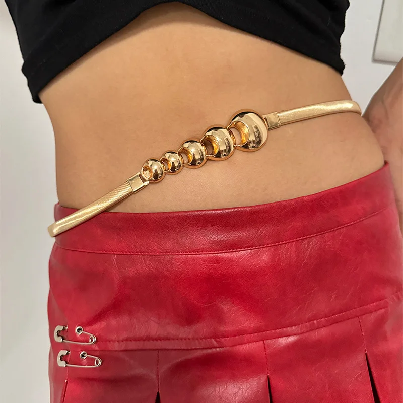Heiße Neue frauen Metall Frühling Taille Kette Luxus Mode Kleid Dot Schnalle Elastische Kette Gürtel Kleine Elegante Metall Gürtel für Frauen Image