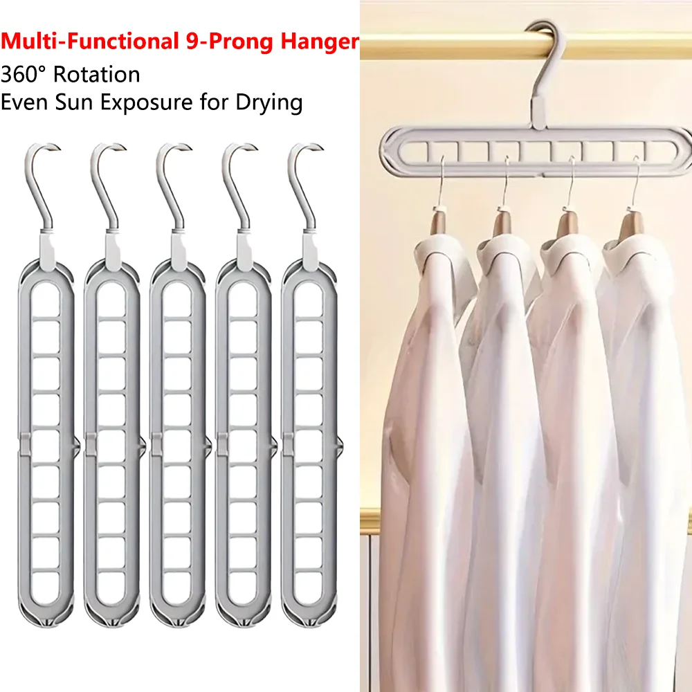 1-5 PCS 9-Prong Space-Saving Hanger - Vertical/Horizontal Convertible Drying Rack for Home Laundry Multi-Hook Garment Organize
