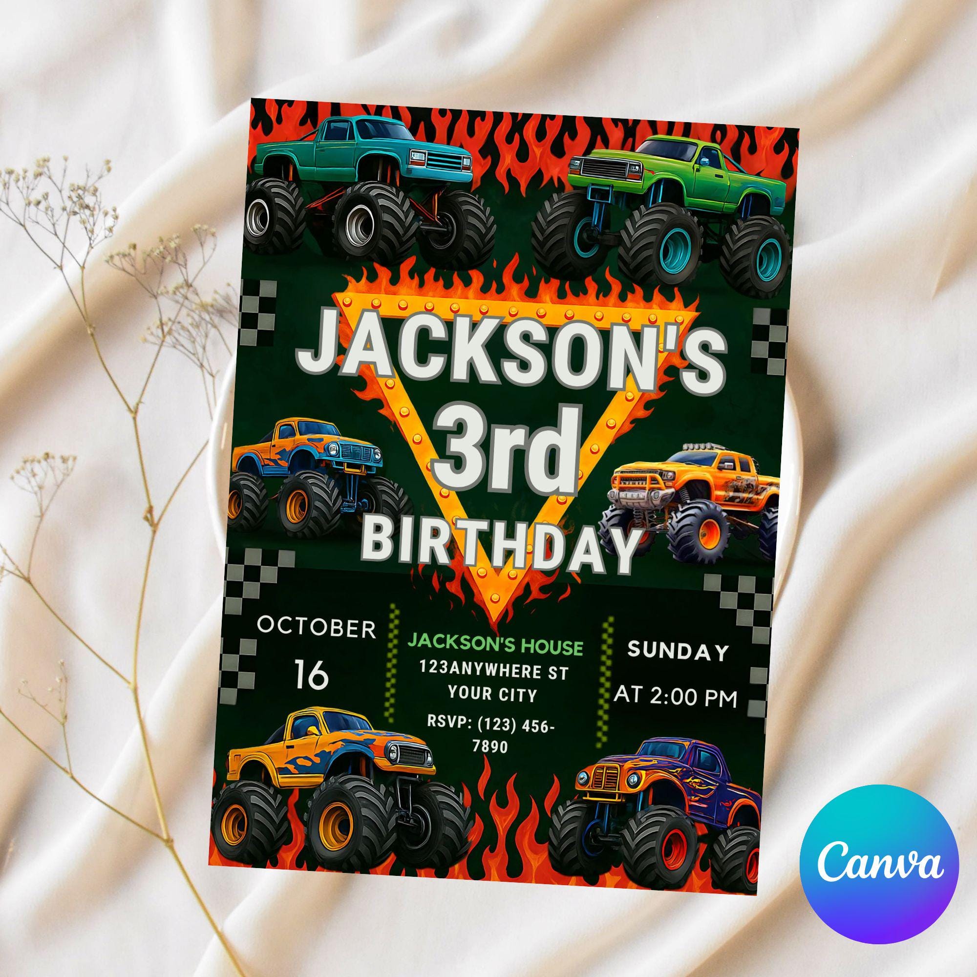 Invito di compleanno modificabile a tema Monster Truck, modello digitale stampabile Canva, Evite, invito di compleanno a tema Monster Truck, invito pe