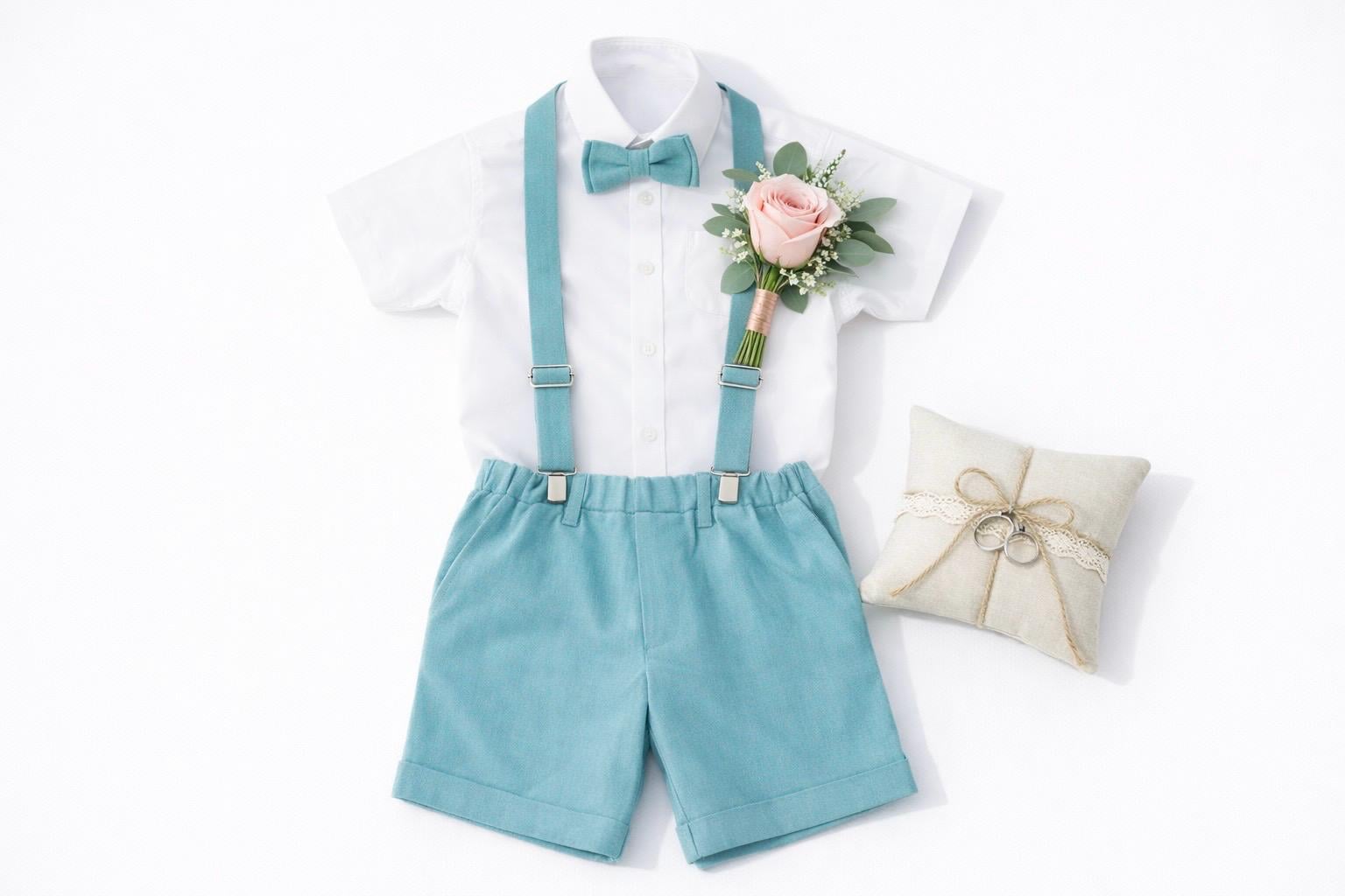 Completo da paggetto in lino color menta con pantaloncini, bretelle e papillon, abito da cerimonia per bambini, completo da paggetto, abbigliamento fo