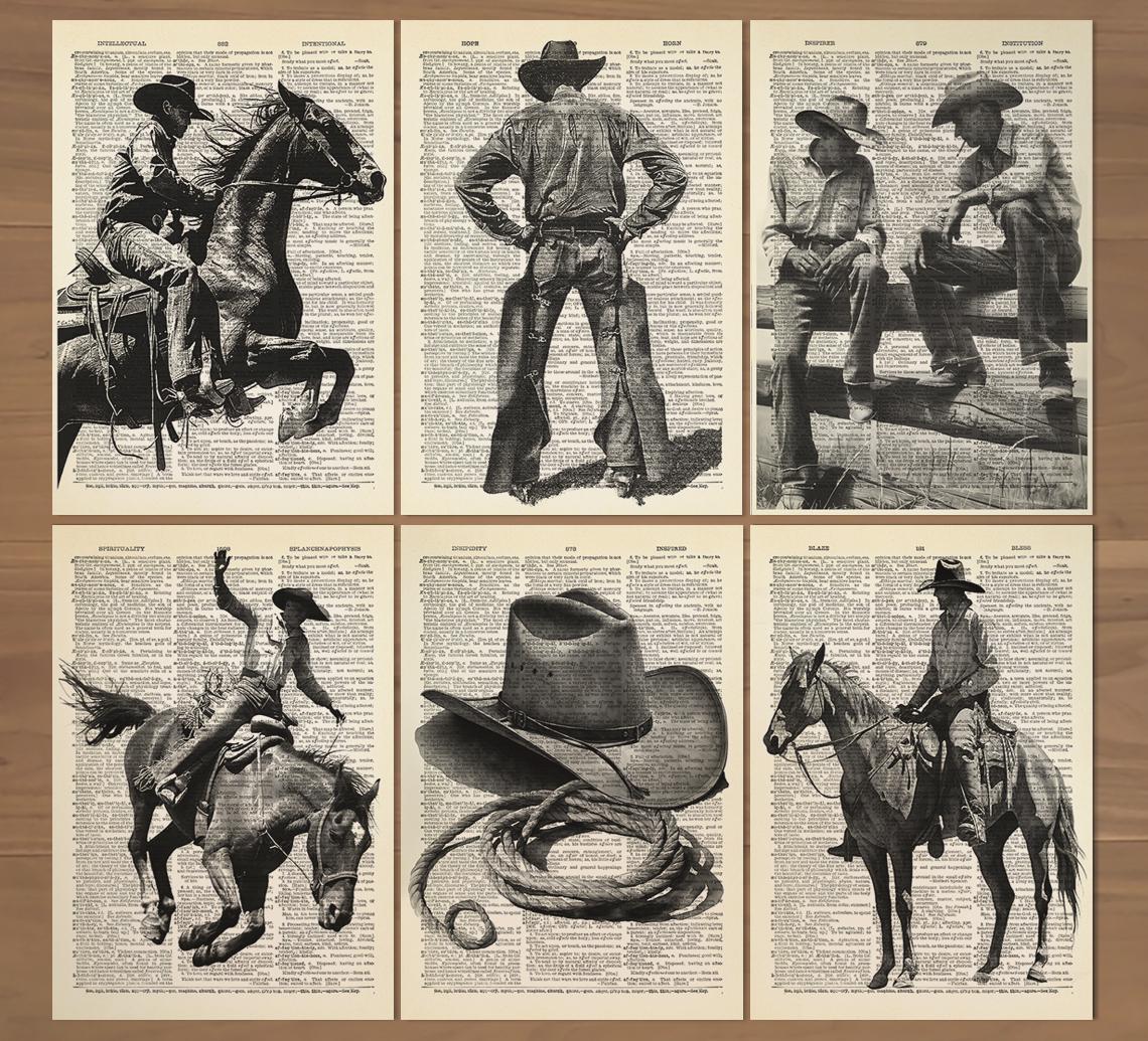 Set di 6 stampe da cowboy, poster da cowboy, arte murale da cowboy, set regalo di stampe artistiche da cowboy, stampa vintage da cowboy, decorazione d