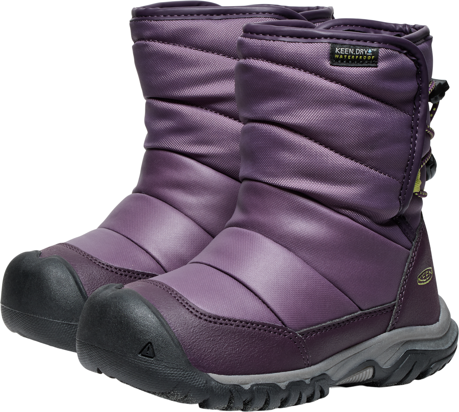 Winterboots KEEN "PUFFRIDER WP", Damen, Gr. 29, grün (schwarz plum, daiquiri grün), Synthetik, Textil, Schuhe, Winterschuhe, Winterstiefel, Snowboots, wasserdicht
