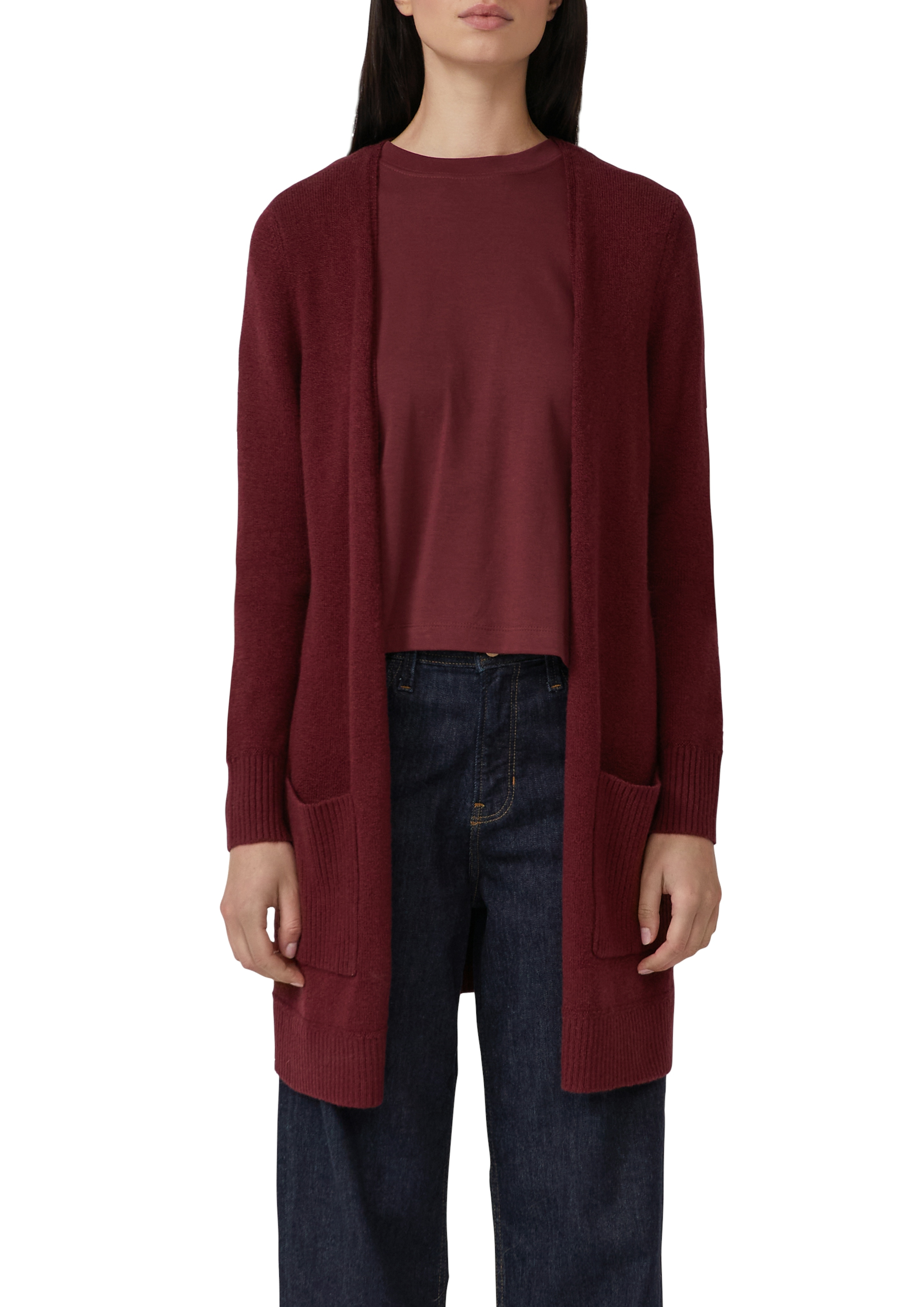 Strickjacke S.OLIVER, Damen, Gr. 42, rot (dunkelrot), Strick, Obermaterial: 50% Baumwolle, 25% Polyamid, 14% Polyacryl, 8% Wolle, 3% Elasthan, unifarben, regular fit ca. Mitte Oberschenkel, Rundhals, Rippbündchen, Strickjacken Strickjacke, mit...