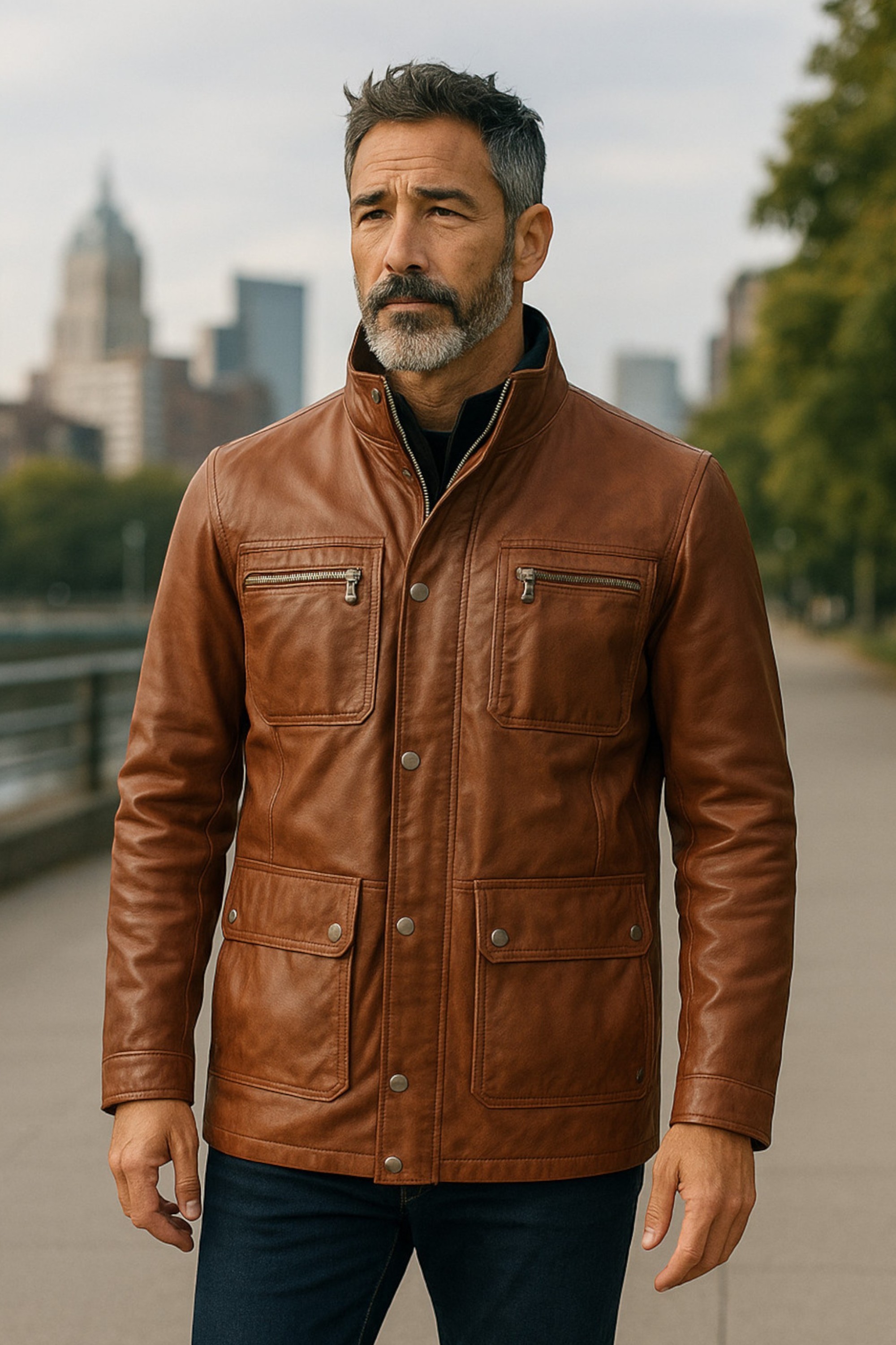 Herren Braune Leder Militärjacke Outwear Mantel - Field Image