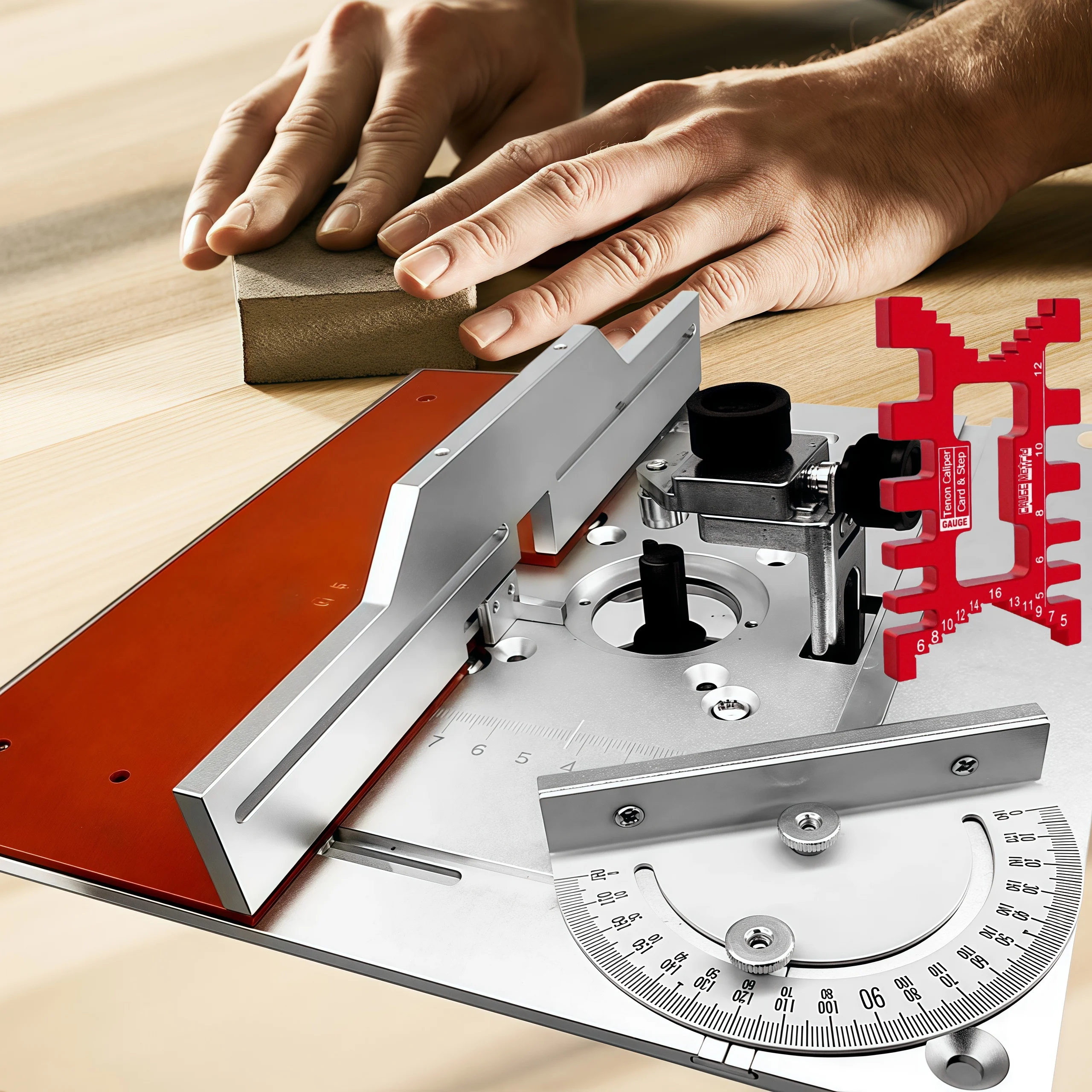 Holzfräsen-Flip-Board mit Schiebezaun, Zapfenschneider, Stopperblock und Gehrungslehre, Führungsset – Einsatzplatte für Frästisch für Holzbearbeitung Image