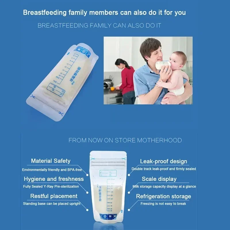 Muttermilch-Aufbewahrungsbeutel mit 250 ml selbststehenden Aufbewahrungsbehältern für Babynahrung, kein Auslaufen, Milch-Gefrierbeutel, sicheres Futter, BPA-frei, 30 Stück Image