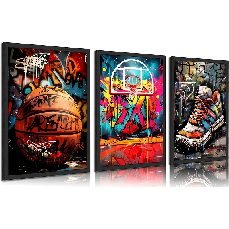 3 Stück Basketball Graffiti Leinwand Wandkunst, Basketballplatz Sportschuhe Poster Druck Malerei, Retro abstrakte Graffiti Wal