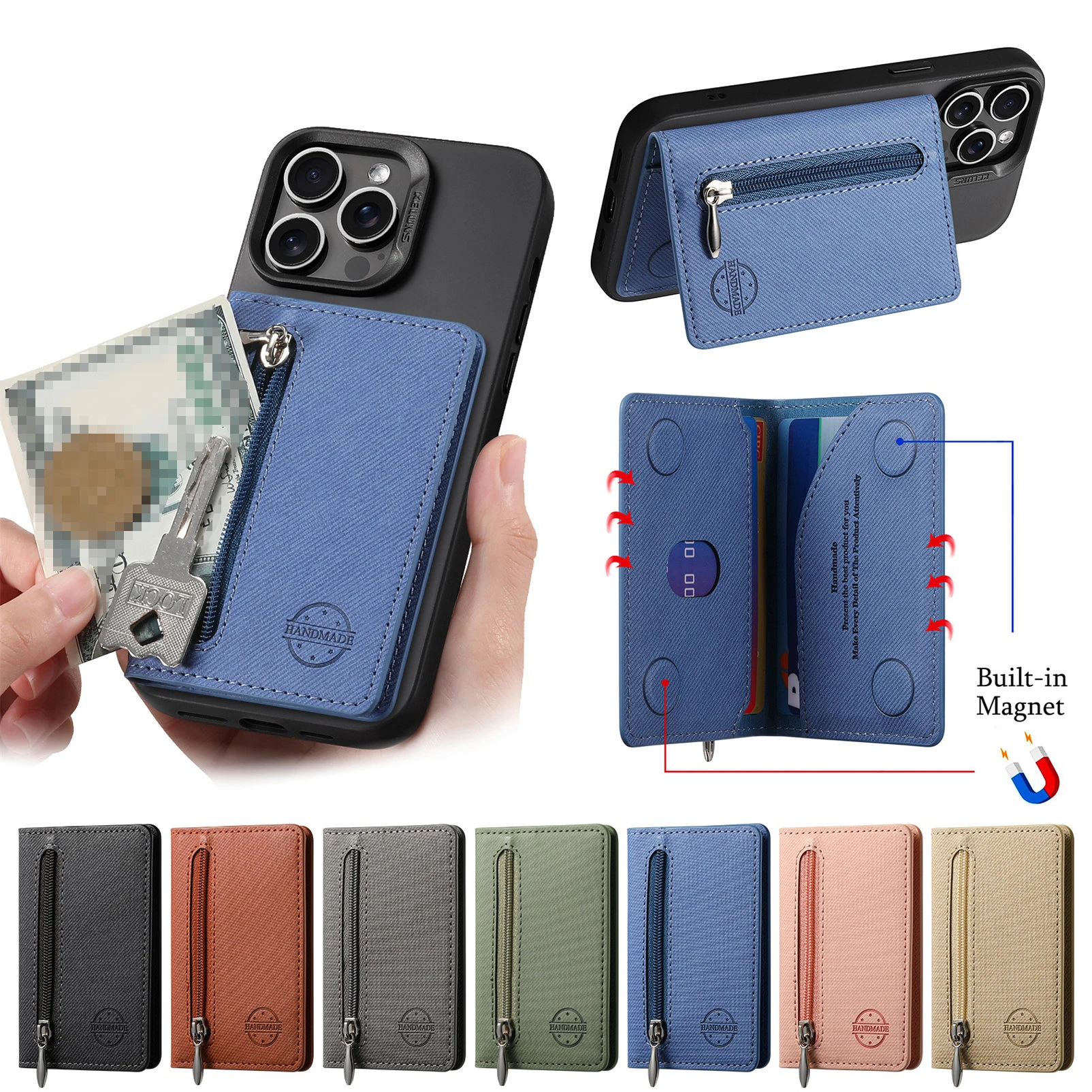 Étui de téléphone Portable porte-carte avec autocollant arrière en cuir PU sac de carte support de portefeuille à fermeture éclair Portable pour iPhone 16 Pro Max 15 14 13