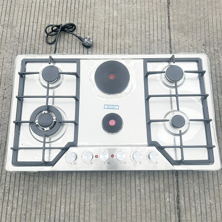 Fornello a gas 6 Bruciatori a gas Acciaio inossidabile 4 Bruciatori a gas 2 Piastre riscaldanti Bruciatore elettrico Piano cottura integrato a doppio uso