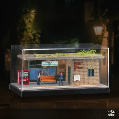 Miniature Scene of Open-air Tram Waiting Station with acrylic display Box secen for 1/64 Scale car model Gift for Boy Home decor