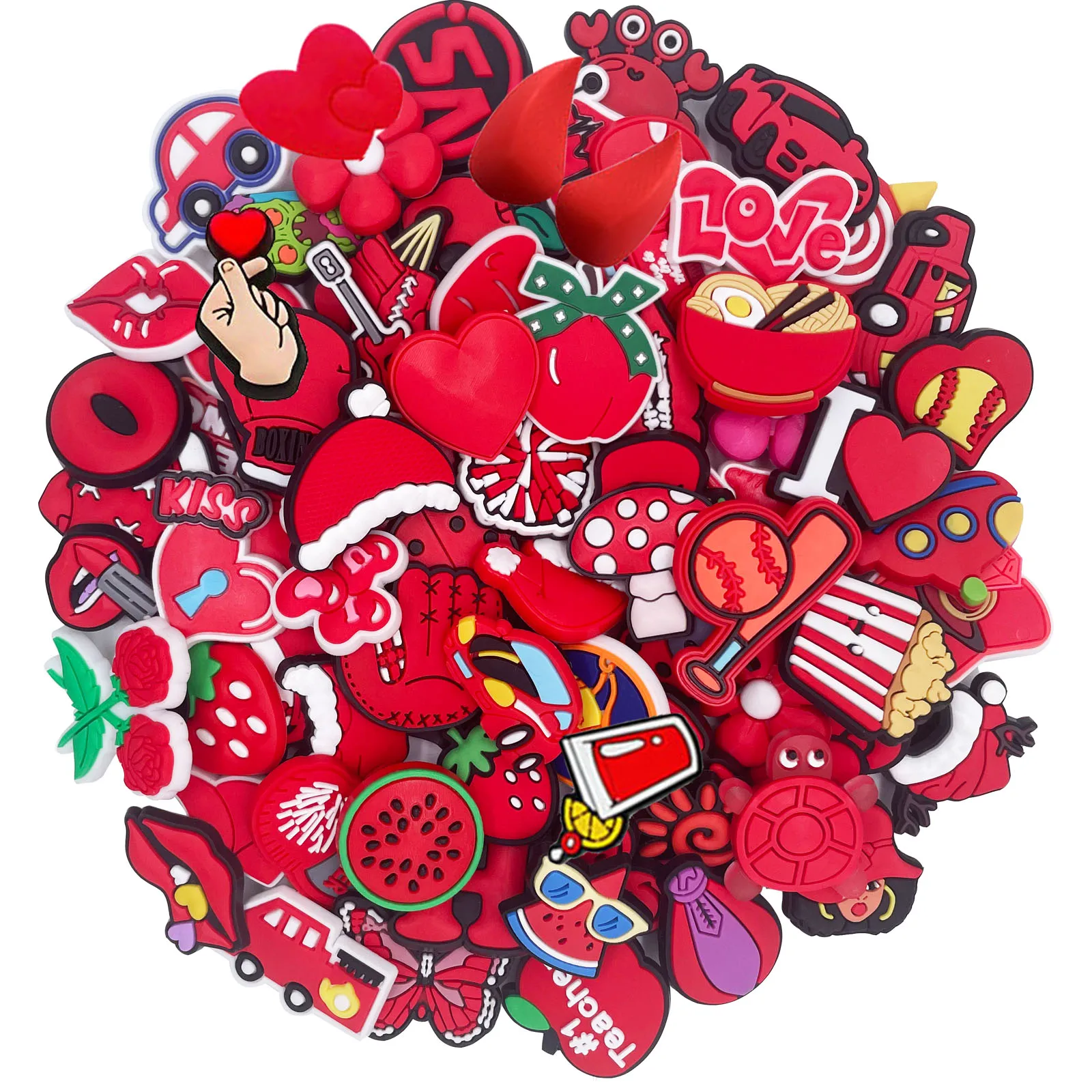Zufällige 10–30 Stück rote Serie Schuhanhänger für Schuh-Schlüsselanhänger, Sandalen, Strandtaschen, DIY-Schuhdekorationen, Zubehör, Schuhnadeln