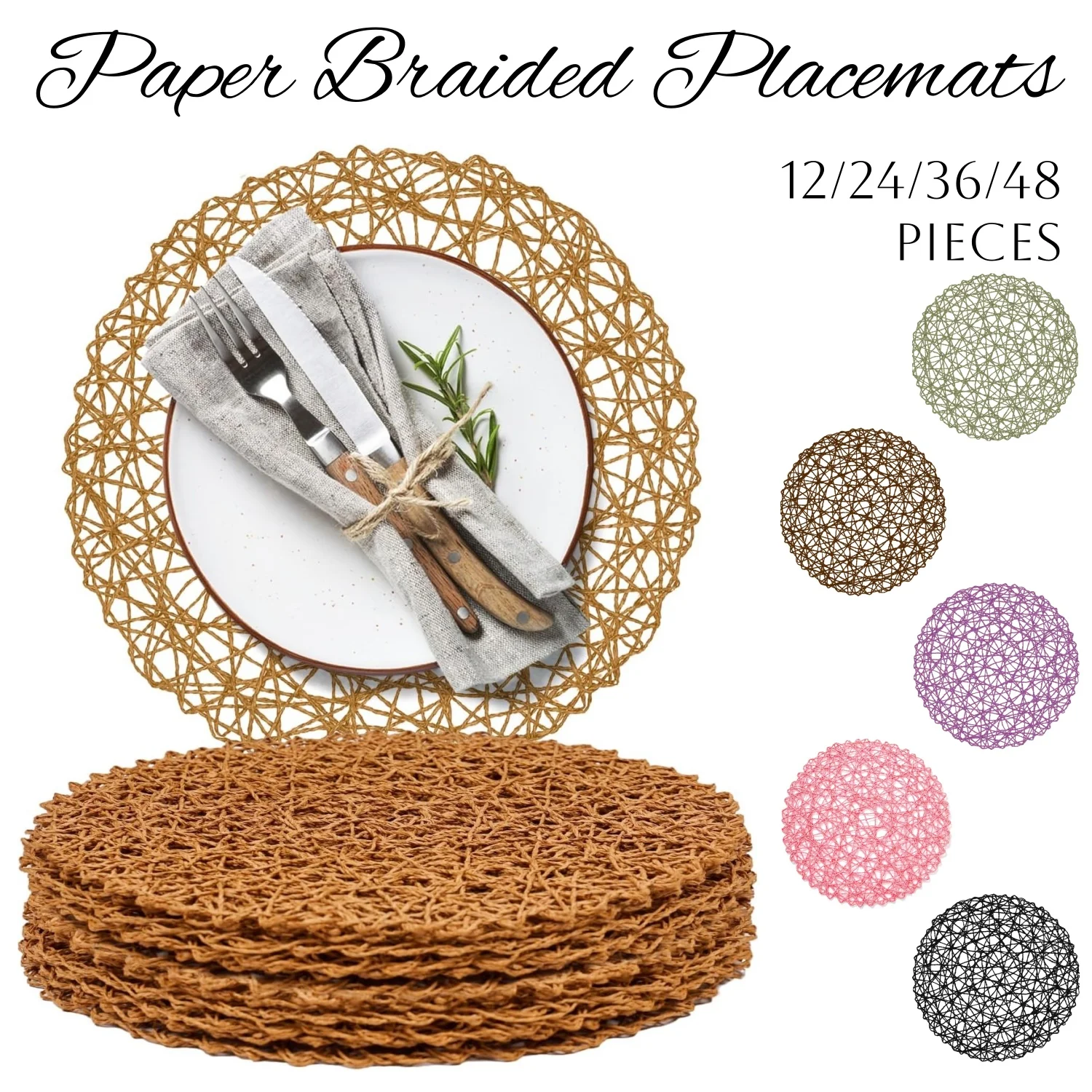 12–48 Stück runde Tischsets, 38,1 cm, geflochtene Papier-Tischsets, Boho-gewebte Tischsets für Esstisch, Hochzeit, Party Image