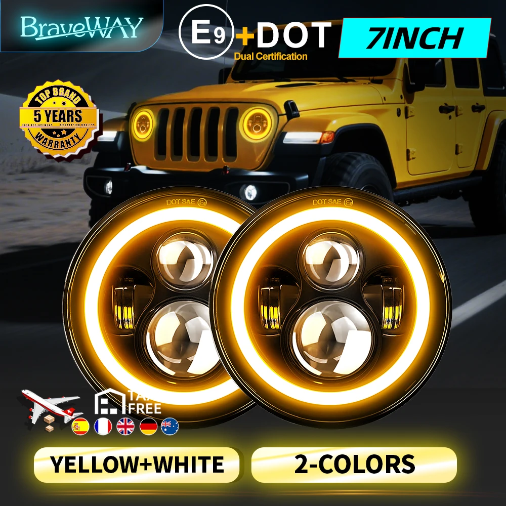 Braveway 7 pollici Led Auto Faro Moto E9 DRL Angel Eyes Alto Basso per Harley Honda Yamaha Jeep Car H4 Faro 12V 24V