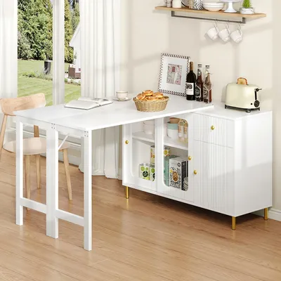 White Buffet Sideboard With Foldable And Pull-Out Table Top, Rotatable Surface, Glass Sliding Doors For Dining Room And Kitchen