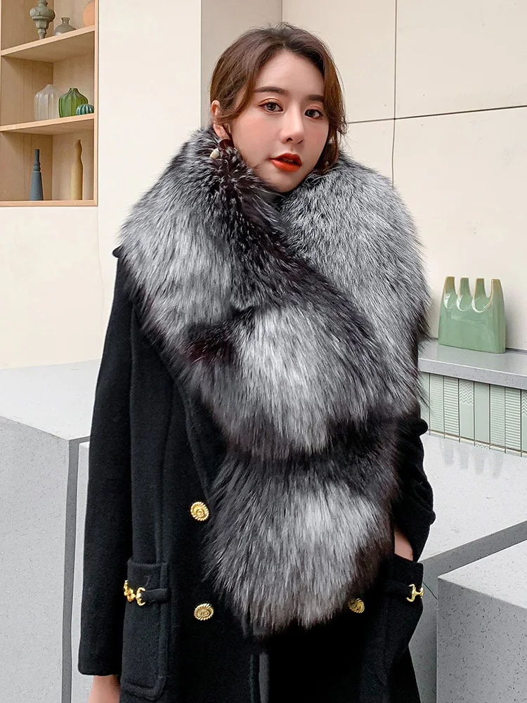 Elegante Silber Fuchs Große Pelz Schal Für Frauen Winter Warme Echt Fox Pelz Schal Luxus Mode Zeigen Bankett Capes Neck Wamer Schals