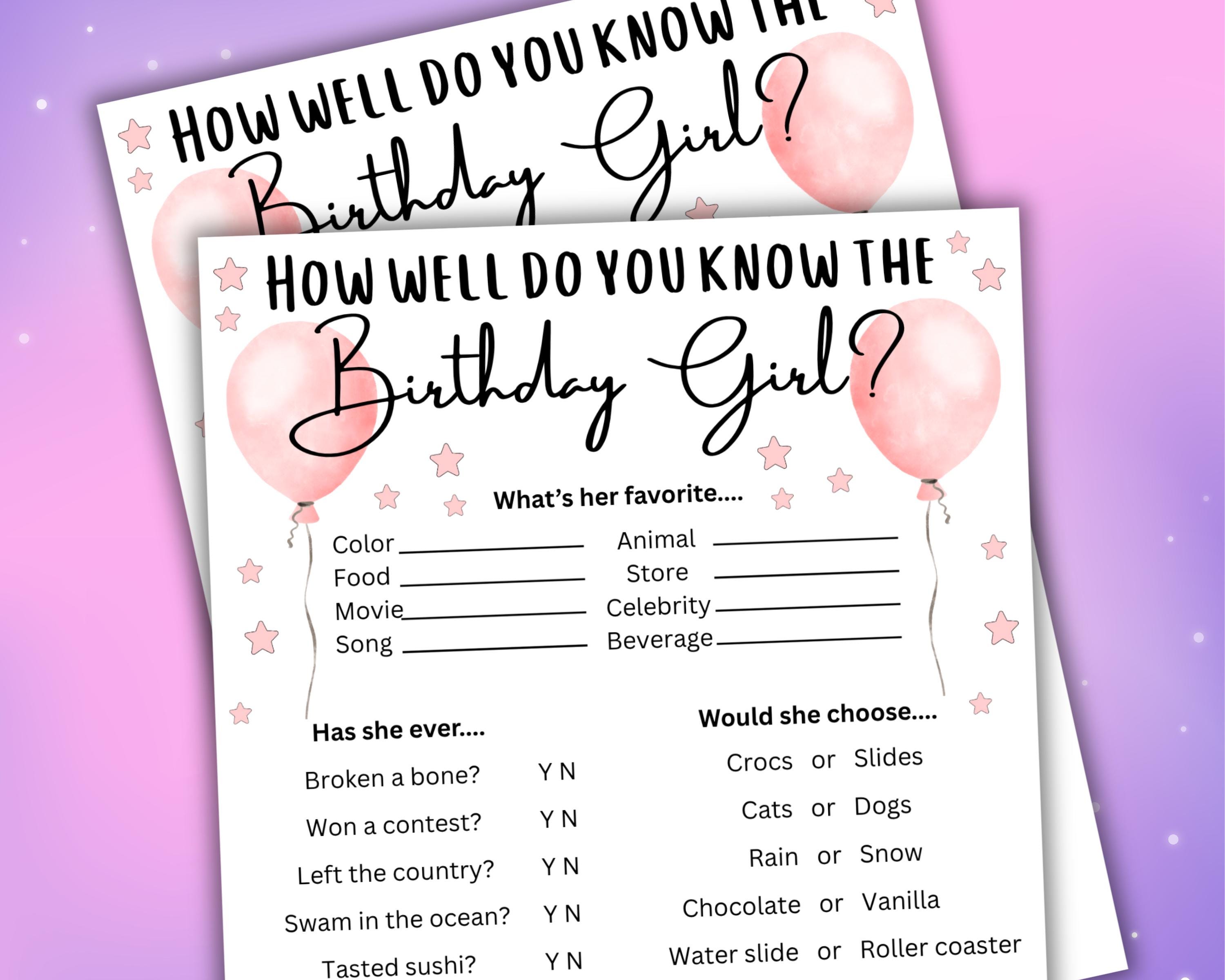 Quanto conosci la festeggiata? Gioco stampabile per ragazze, Gioco di compleanno rosa per ragazze, Chi conosce meglio la festeggiata? Curiosità sulla
