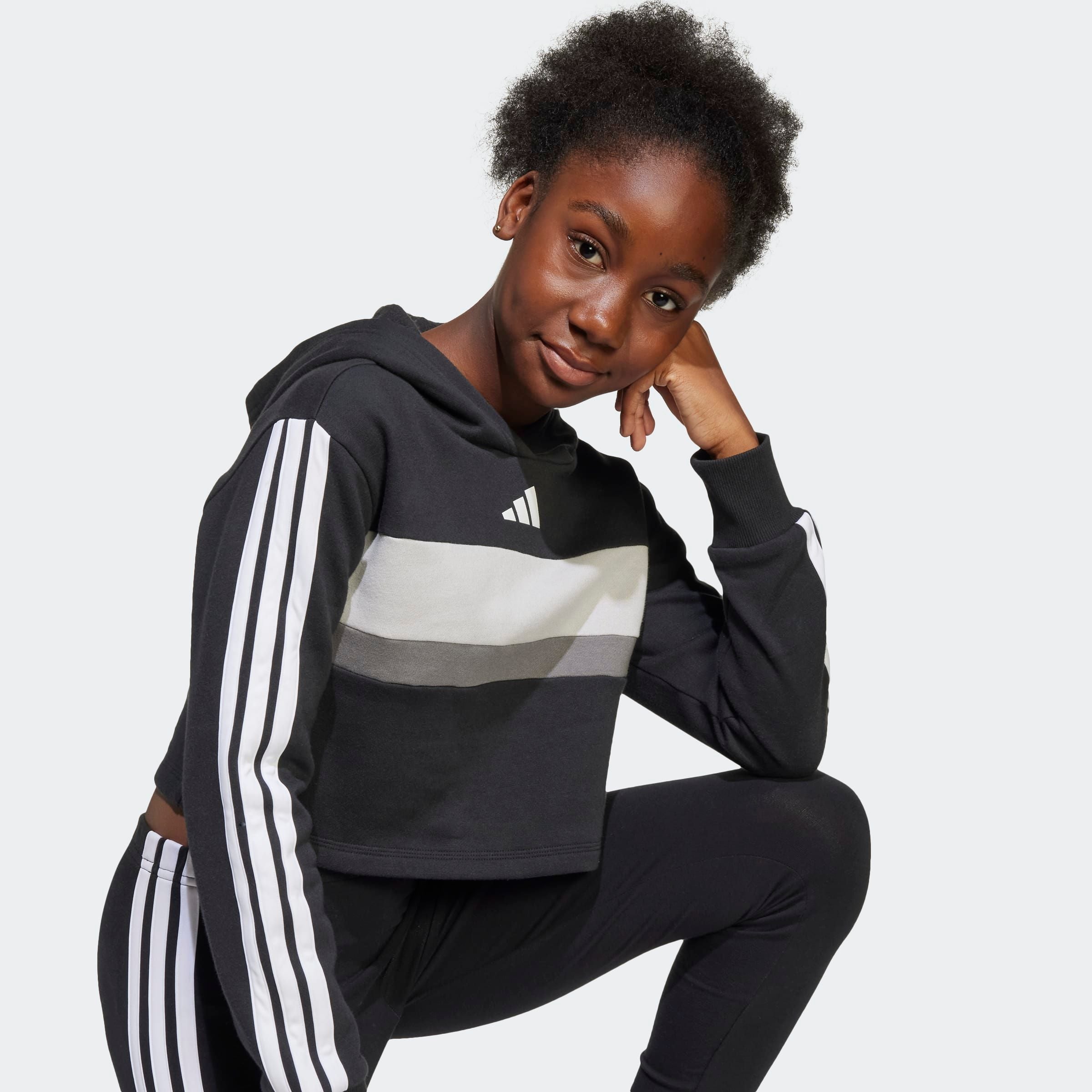 Trainingsanzug ADIDAS SPORTSWEAR "JG 3S TIB FL ST", Kinder, Gr. 164, schwarz, weiß, grau two, Obermaterial: 70% Baumwolle, 30% Polyester. Obermaterial Hose: 93% Baumwolle, 7% Elasthan, Sportanzüge Image