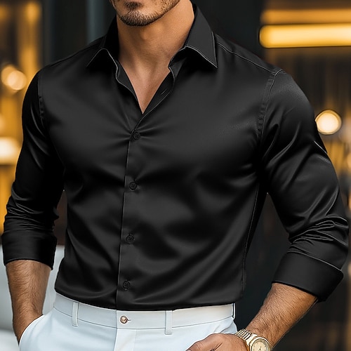Homme Chemise Chemise en satin Chemise habillée Chemise Décontractée Chemise Boutonnée Chemise de Bal Uni Affaires Vacances Bleu Ciel Noir Bleu Roi Dorée manche longue Revers Toutes saisons Vêtement