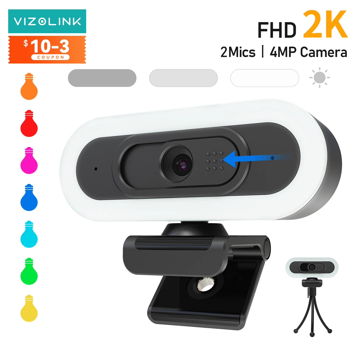 VIZOLINK 2K/1080P Webcam avec anneau lumineux Microphone à mise au point automatique Correction de la lumière colorée anneau d