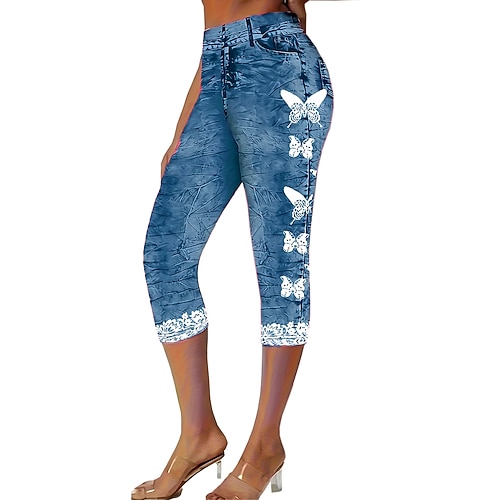 Damen Caprihose Leggings Urlaub Vintage Mode Wadenlang Mittlere Taille Blumen Grafik 3D-Druck Drucken Weich Atmungsaktiv Mikroelastisch Lässig Täglich Urlaub kleiner Finger Hellhimmelblau Dunkel Blau Image