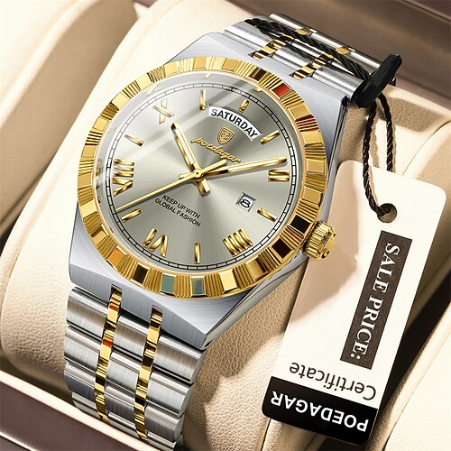 poedagar Luxus-Business-Mann-Uhr Woche Datum wasserdicht leuchtende Uhren für Männer Edelstahl Quarz Herrenmode Armbanduhr