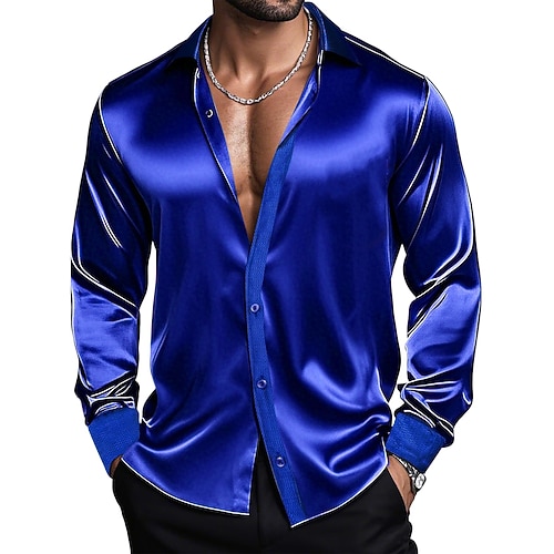 Herren Hemd Satinhemd Kleidhemd Freizeithemd Knopfhemd Abschlussballhemd Einfach Leistung Jahrestag Weiß Wein Rote Königliches Blau Langarm Revers Ganzjahres Bekleidung Image