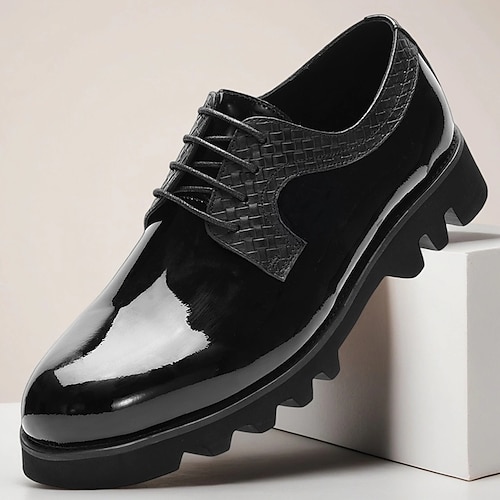 Herrenschuhe aus schwarzem Lackleder – formelle Oxford-Schuhe mit dicker Sohle für Business, Bankette und Bühnenauftritte Image