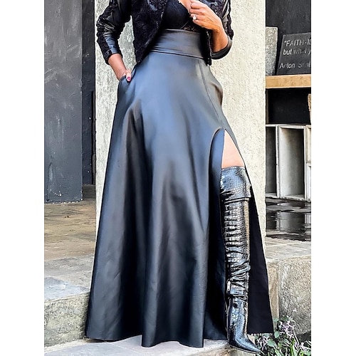 Damen Elegant Mode Lässig Maxi Hohe Taille Röcke Einfach Gespleißte Enden Unelastisch Täglich Party Wein Schwarz Rosa Braun Frühling Kunstleder Image