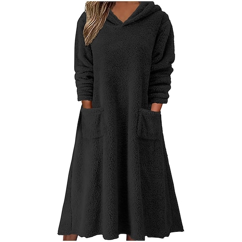 Damen Midikleid A Linie Kleid Figurbetontes Kleid Lässig Täglich Lässiger Schnitt Einfach Langarm Mit Kapuze Schwarz Wein Braun Armeegrün Herbst Winter Image